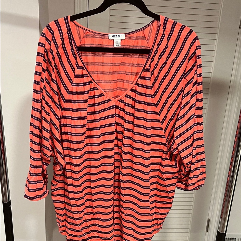 Old Navy Coral and Navy Striped 3/4 Sleeve Tee